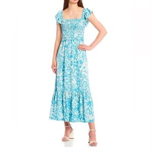 Blue Ruched Floral Print Ruffle Sleeveless Maxi Dress